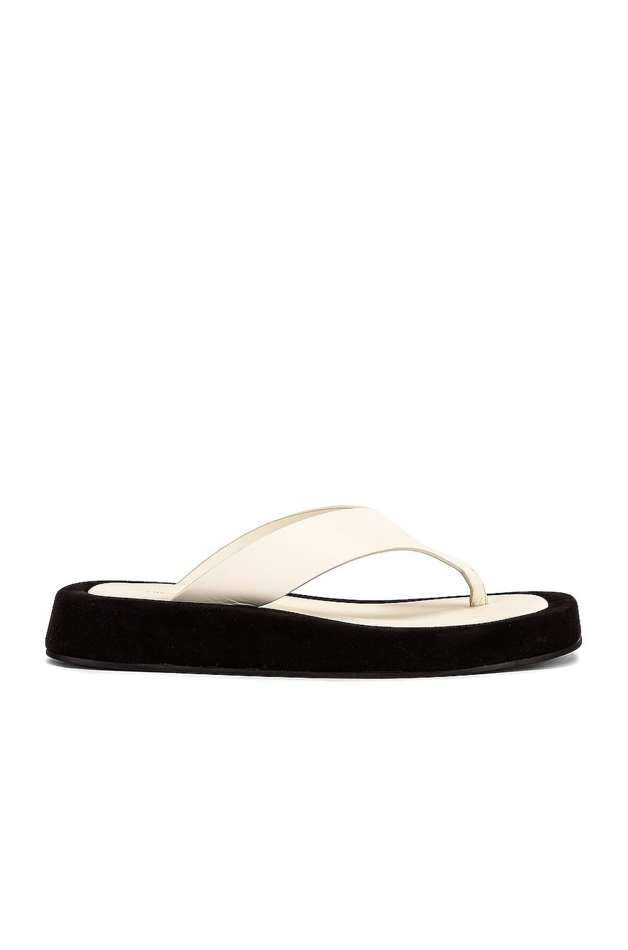 The Row Ginza Thong Sandals in Natural & Black leather platform flip flop